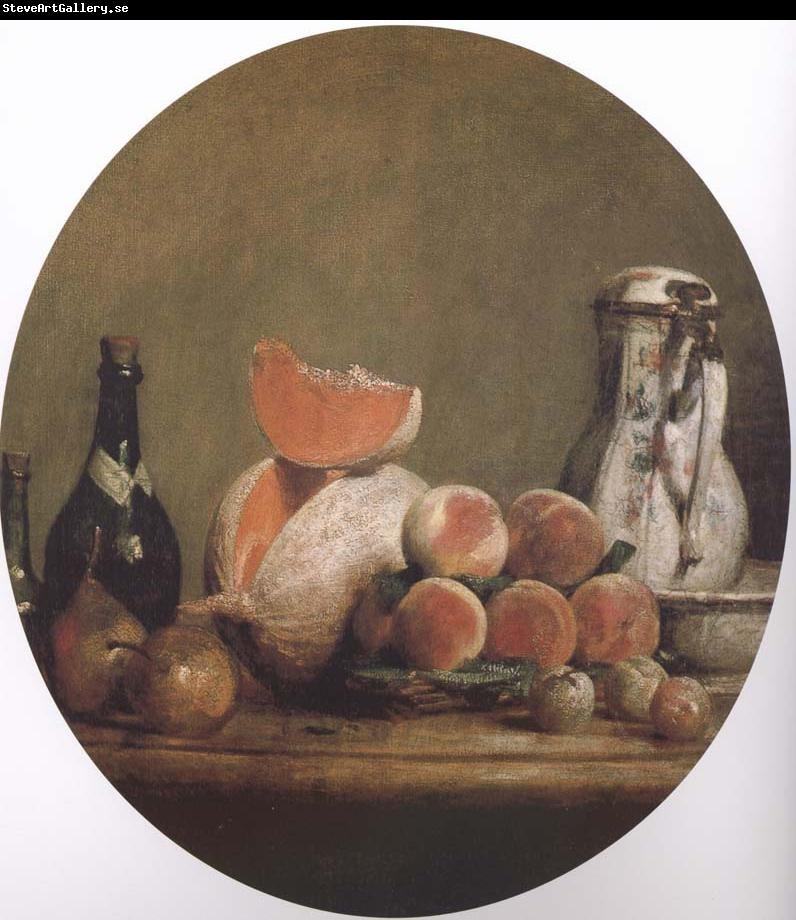 Jean Baptiste Simeon Chardin Cut melon and peach bottle still life etc